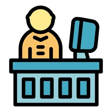 Bank teller working at computer behind counter providing financial services Stock Illustration