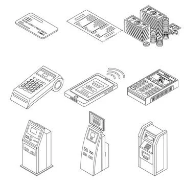 Bank terminal icon set vector outine Illustrazione stock