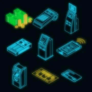 Bank terminal icon set vector neon Illustrazione stock