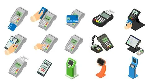 Bank terminal icons set, isometric style Illustrazione stock