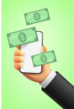 Bank transfer. Smartphone with banknotes. 3d vector banner Stock Illustration