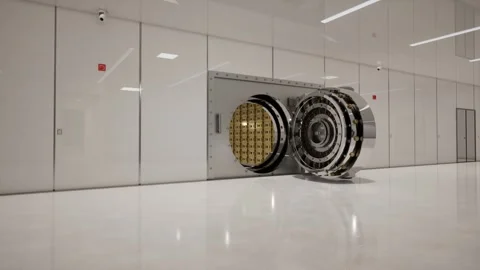 Bank Vault Door Open with Rows of Gold Bars Inside Stock Footage 313740900
