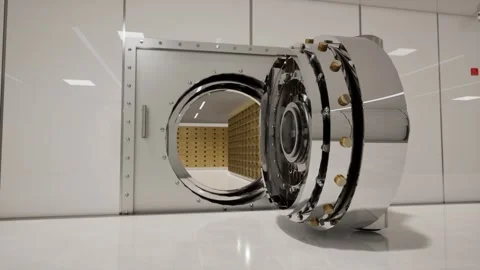 Bank Vault Door Open with Rows of Gold Bars Inside Stock Footage 313740924