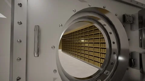 Bank Vault Door Open with Rows of Gold Bars Inside Stock Footage 313740993