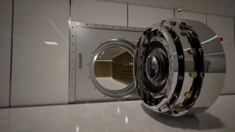 Bank Vault Door Open with Rows of Gold Bars Inside Stock Footage 313741028