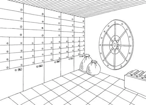Bank vault safe storage interior graphic black white sketch illustration vector Stock Illustration