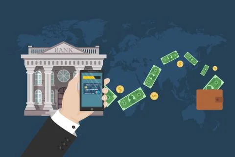 Bank wire transfer in flat design. Concept of mobile payment Stock Illustration