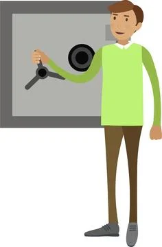 Bank worker opening safe vector icon isolated on white Stock Illustration