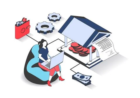 Banking 3d isometric concept with isometry people design for web. Woman manag Stock Illustration