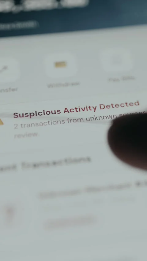 Banking alert showing suspicious transaction activity detected Video stock 333386304