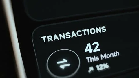 Banking analytics tile reports 42 transactions this month and a 12 Stock Photos