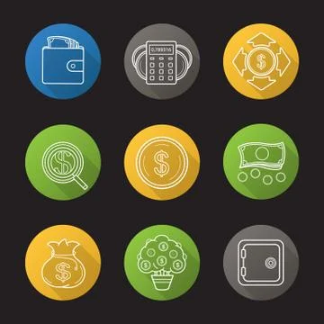 Banking and finance flat linear long shadow icons set Ilustración de archivo