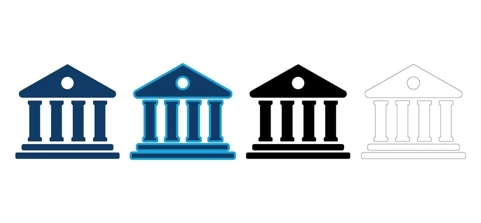 Banking and finance solid icon set containing icons for bank building, gove.. Stock Illustration