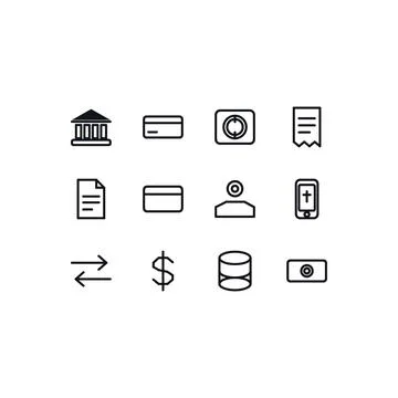 Banking And Payment Icon Set 12 Black White Line Icons Editable Stroke Vector Stock Illustration