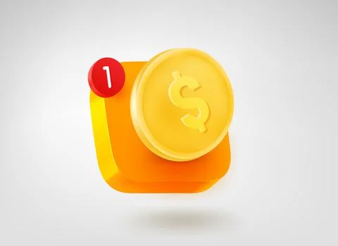 Banking app button with gold coin. 3d vector mobile application icon Stock Illustration