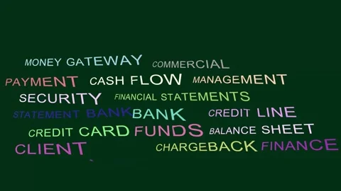 Banking &amp; Cash Flow Word Cloud: Financial Typography Flying on Blue - Loop Stock Footage 327624771