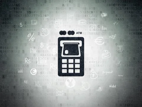 Banking concept: ATM Machine on Digital Data Paper background Illustrazione stock