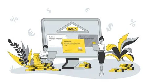 Banking concept in flat design with people. Man and woman use financial account Stock Illustration