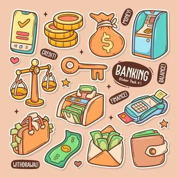 Banking Cute Doodle Vector Sticker Collection 1 Ilustración de archivo