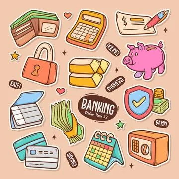 Banking Cute Doodle Vector Sticker Collection 2 Ilustración de archivo