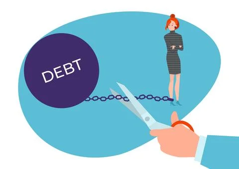 Banking debt burden chain debtor woman character, hand hold scissors help repay Ilustración de archivo