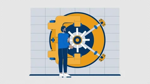 Banking employee turning handle to open bank vault door cartoon animation Stock Footage 312671205
