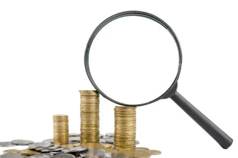 Banking. Go to Bank. Golden columns of coins on white background Stock Photos