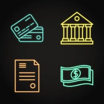 Banking icon set in neon line style Stock Illustration