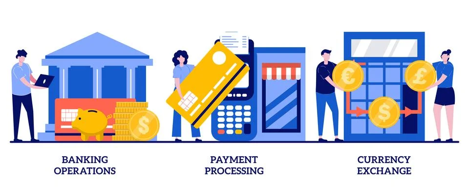 Banking operations, payment processing, currency exchange concept with tiny.. Stock Illustration