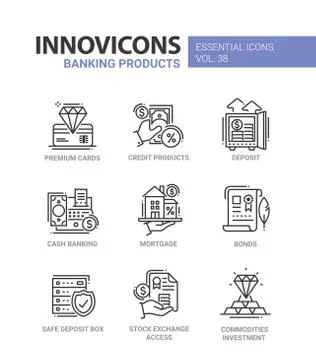 Banking Products - modern vector line design icons set. Illustrazione stock