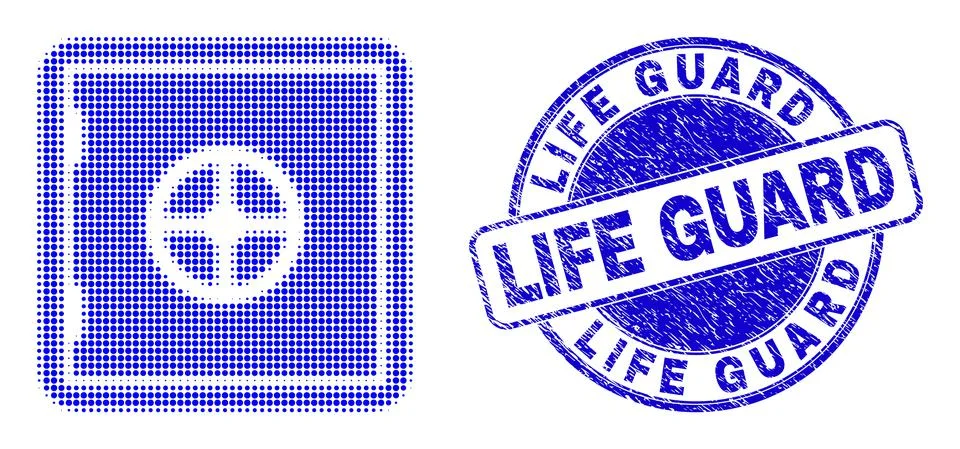 Banking Safe in Halftone Dot Style with Blue Distress Life Guard Watermark Stock Illustration