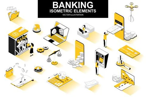 Banking services bundle of isometric elements. Digital wallet, bank building Stock Illustration
