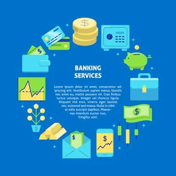 Banking services round concept in flat style with text Illustrazione stock