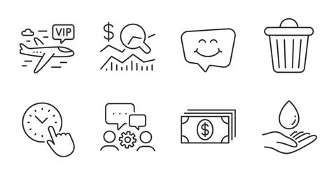 Banking, Vip flight and Engineering team icons set. Water care, Trash bin and Illustrazione stock