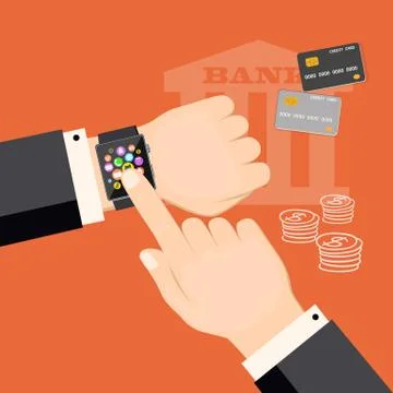 Banking virtual with smart watch and credit cards Stock Illustration