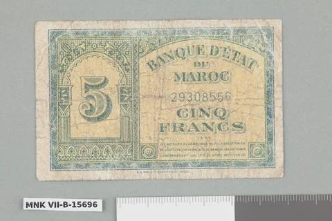 Banknot na 5 francs; State Bank of Morocco, Maroko, 1.03,1944 r. E.A. Wrig... Stock Photos
