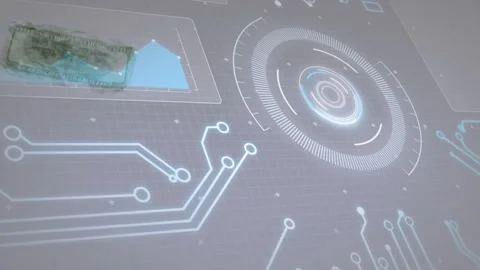 Banknote entering left edge sliding across hologram UI, touching HUD and chart Stock Footage 329470888
