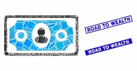 Banknote Mosaic and Scratched Rectangle Road to Wealth Watermarks Illustrazione stock