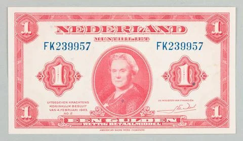 Banknote Na 1 Gold; Munt ticket, Holandia, 4.02.1943 r. American Bank Note... Stock Photos