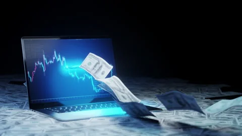 The banknote popped out from the computer screen of the laptop Stock Footage 254658060