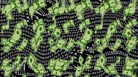 Banknote rain on matrix binary code background, falling dollars, lot of money Stock Footage 197362394