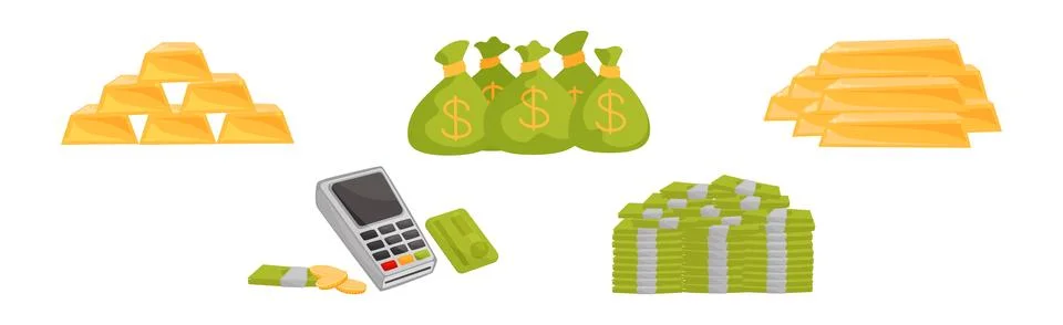 Banknote Stack, Gold Bar, Sacks with Dollar and Pos Terminal Vector Set Illustrazione stock
