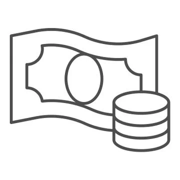 Banknotes and coins stack thin line icon. Wealth concept with cash symbol Stock Illustration