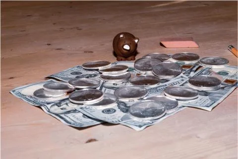 Banknotes and Silver Eagle with pig Stock Photos