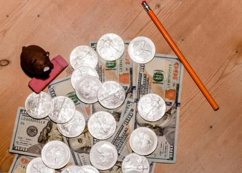 Banknotes and Silver Eagle with pig on eraser Stock Photos