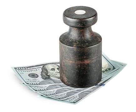 Banknotes clamped old rusty weights Stock Photos
