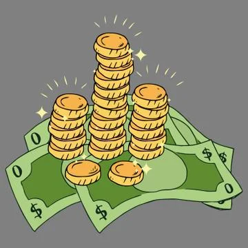 Banknotes with coins icon. Vector illustration of golden coins with money dol Stock Illustration