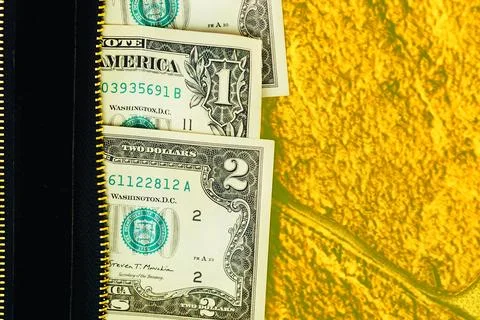 Banknotes in denominations of one, two dollars. Handbag, wallet, clutch Stock Photos