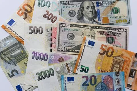 Banknotes of different countries background, top view Stock Photos