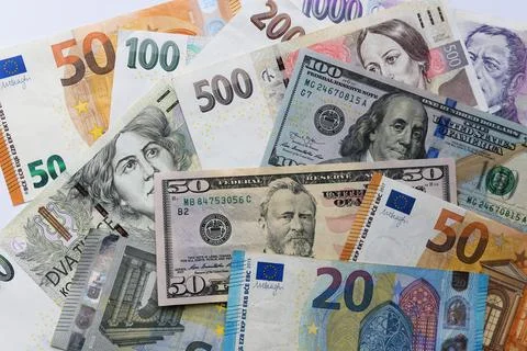Banknotes of different countries background, top view Stock Photos